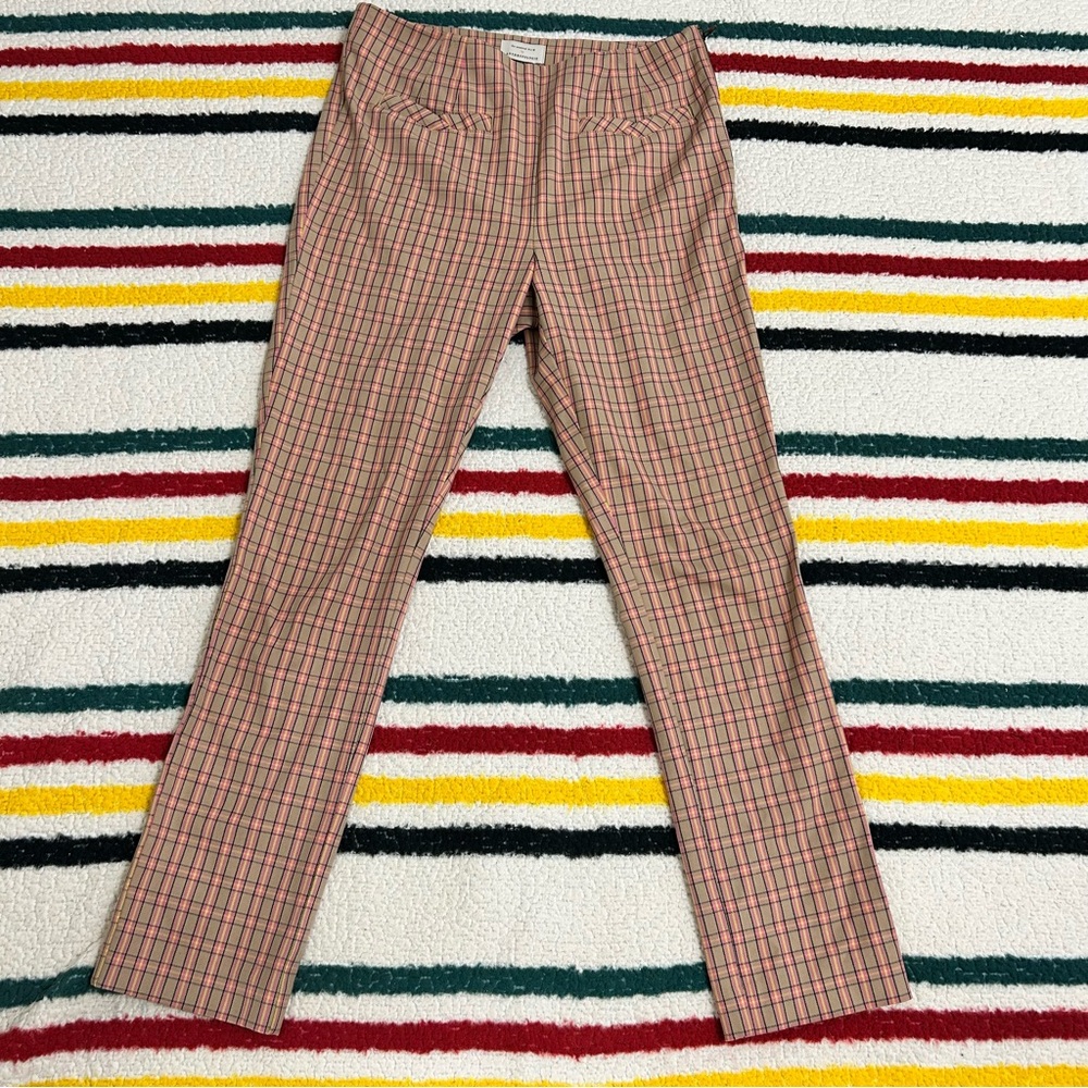 Anthropologie cream and pink tartan/plaid pants